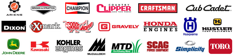 Lawn mower parts; Ariens, Briggs & Stratton, Champion, Country Clipper, Dixon, Honda Engines, Hustler, Husqvarna, Kawasaki, Kohler Engines, McCulloch, NGK Spark Plugs, SCAC Power Equipment